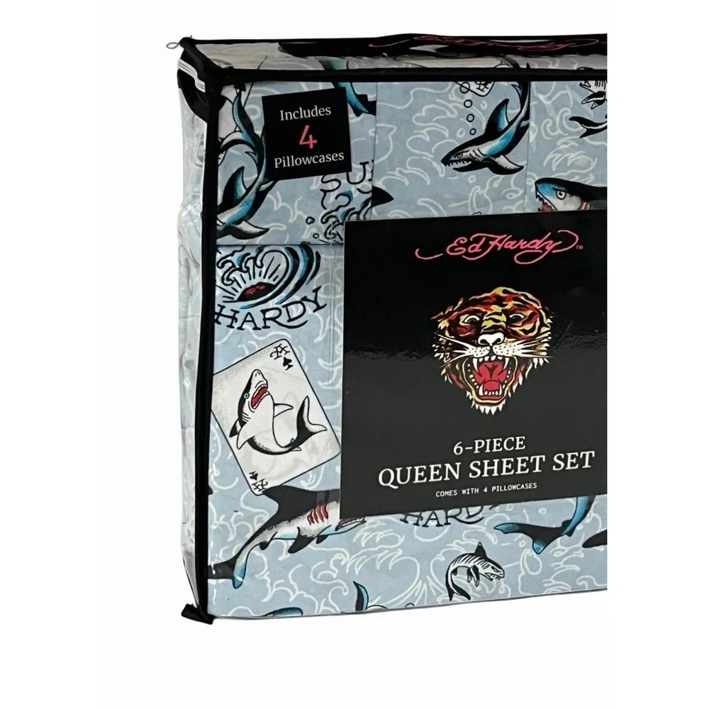 Ed Hardy Queen Blue Sheet Set 6pc Surf Shark Cards Tattoo Grunge Y2K Surfer NWT